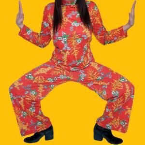 Vintage 70s JCPenney Red Floral Loungewear Set, M